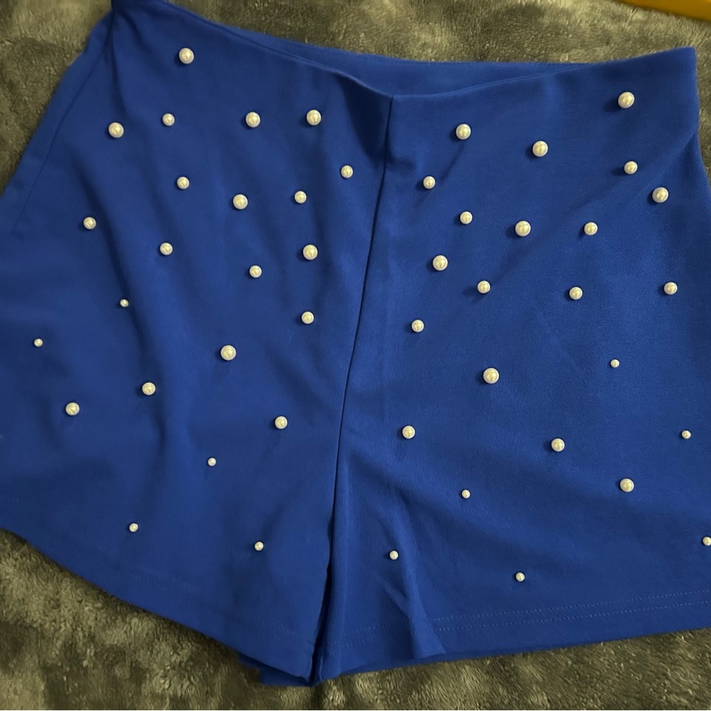 SHEIN Royal Blue High Waist Shorts with Pearl Accents New